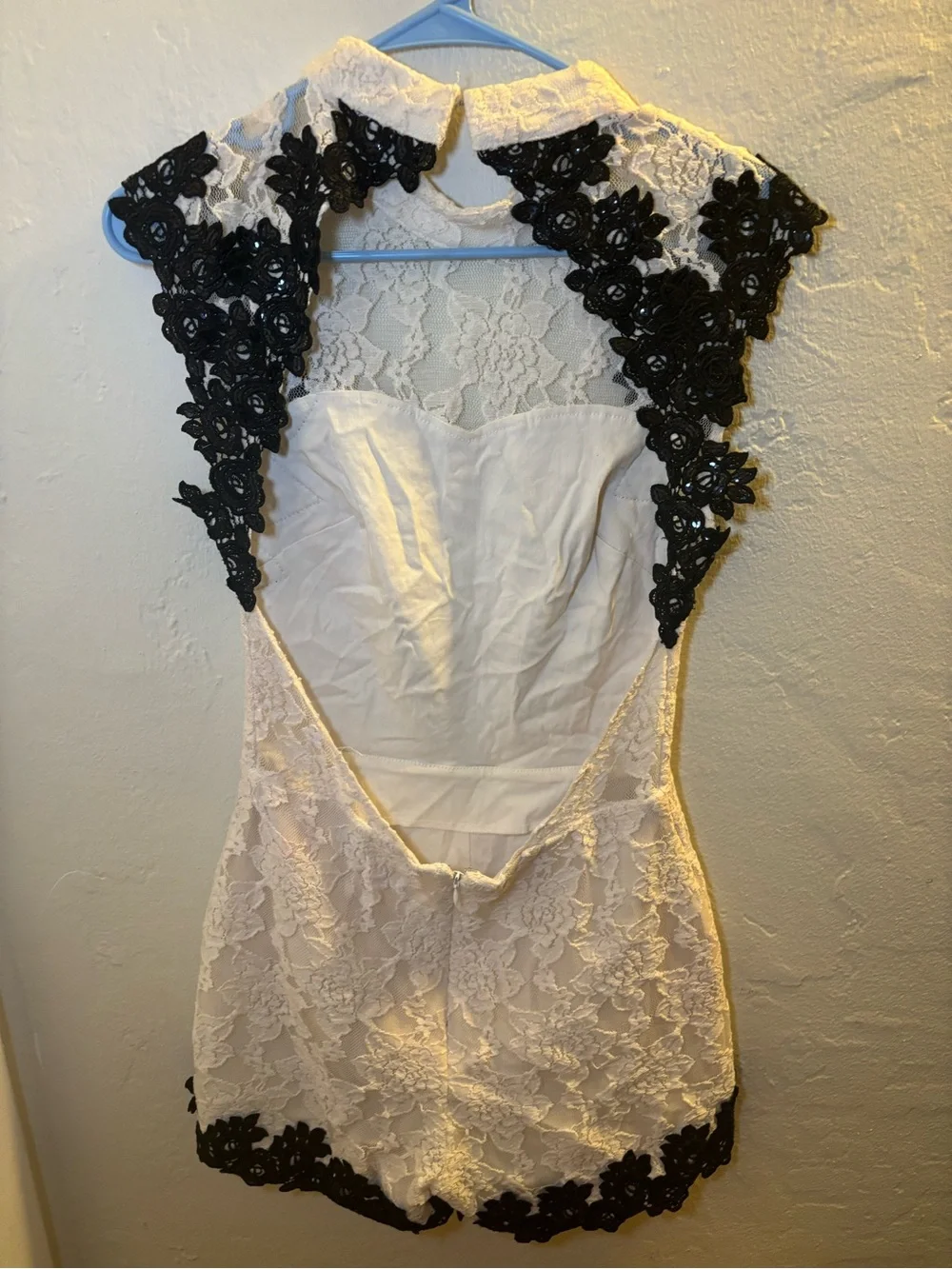 Lace Appliqué Sleeveless Romper Dress - White with Black Accents
